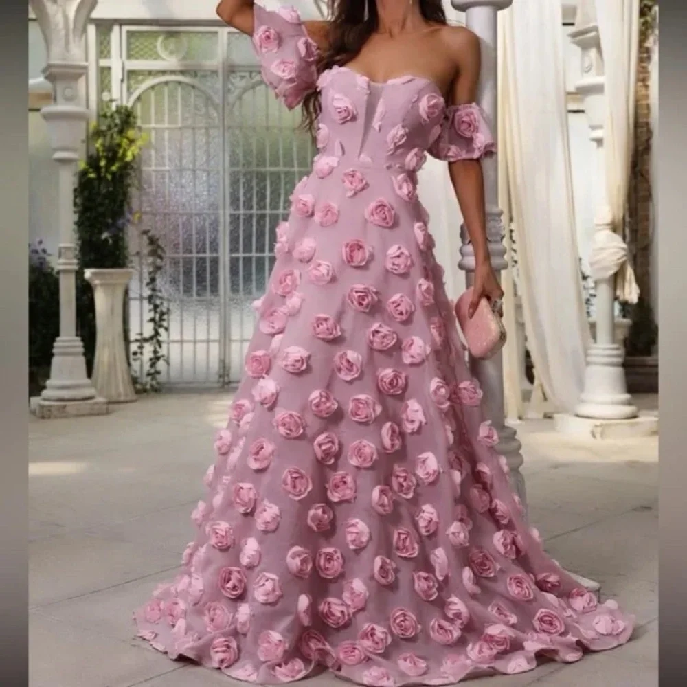 Luxe Pink off shoulder Applique party formal evening wedding dress - Picture 2 of 6